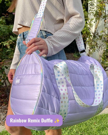 Purple Puffer Duffle with Rainbow Heart Strap