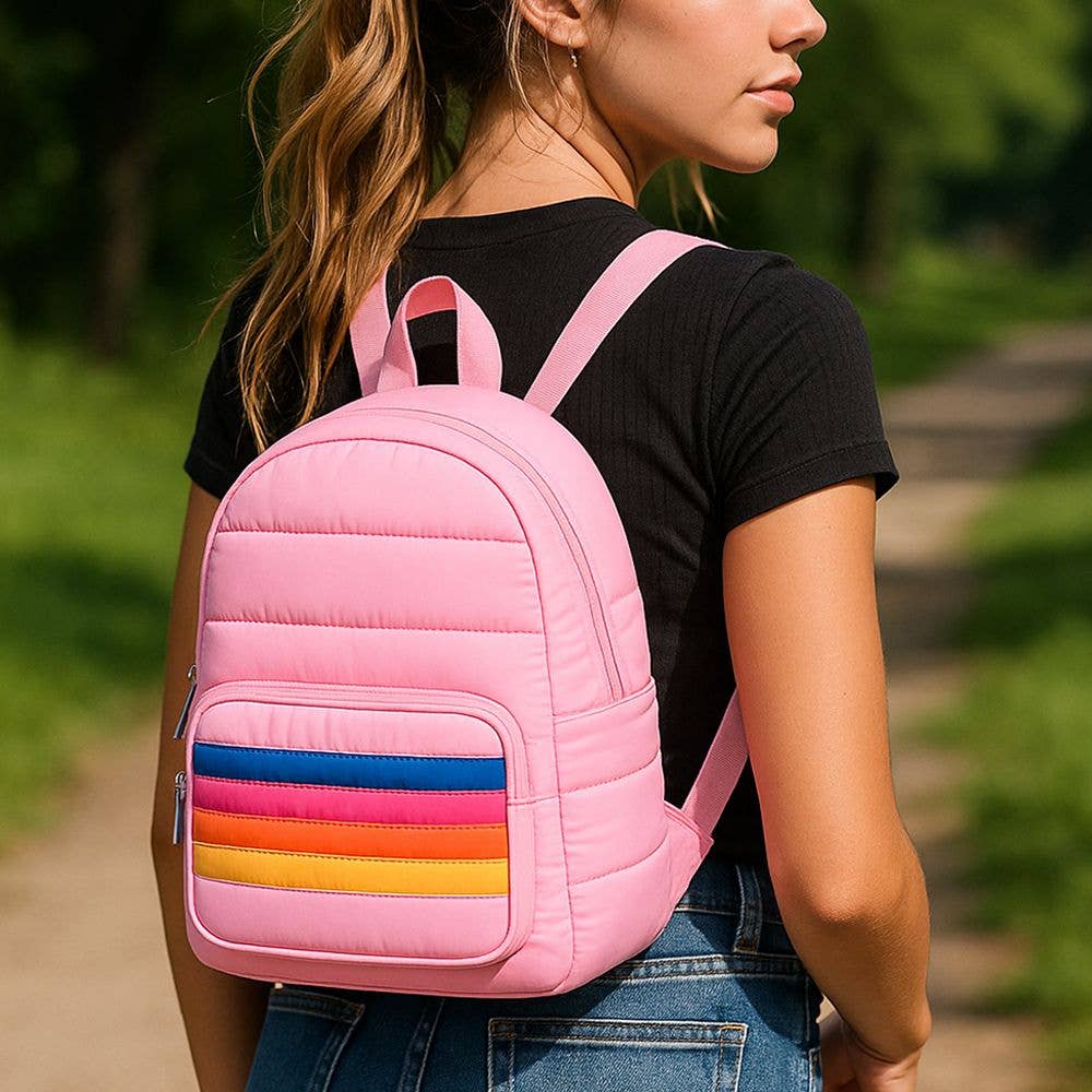 Pink Puffer Mini backpack with retro stripes