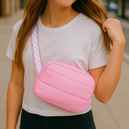 Pink Puffer Belt Bag with Heart Stripe Strap