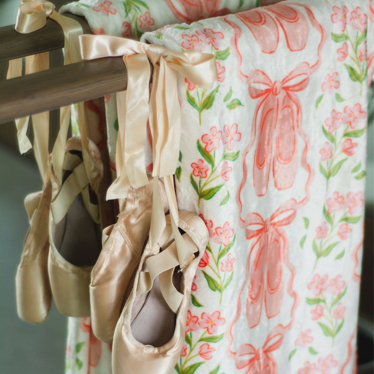 Pink Ballet Slippers & Florals Fleece Throw Blanket