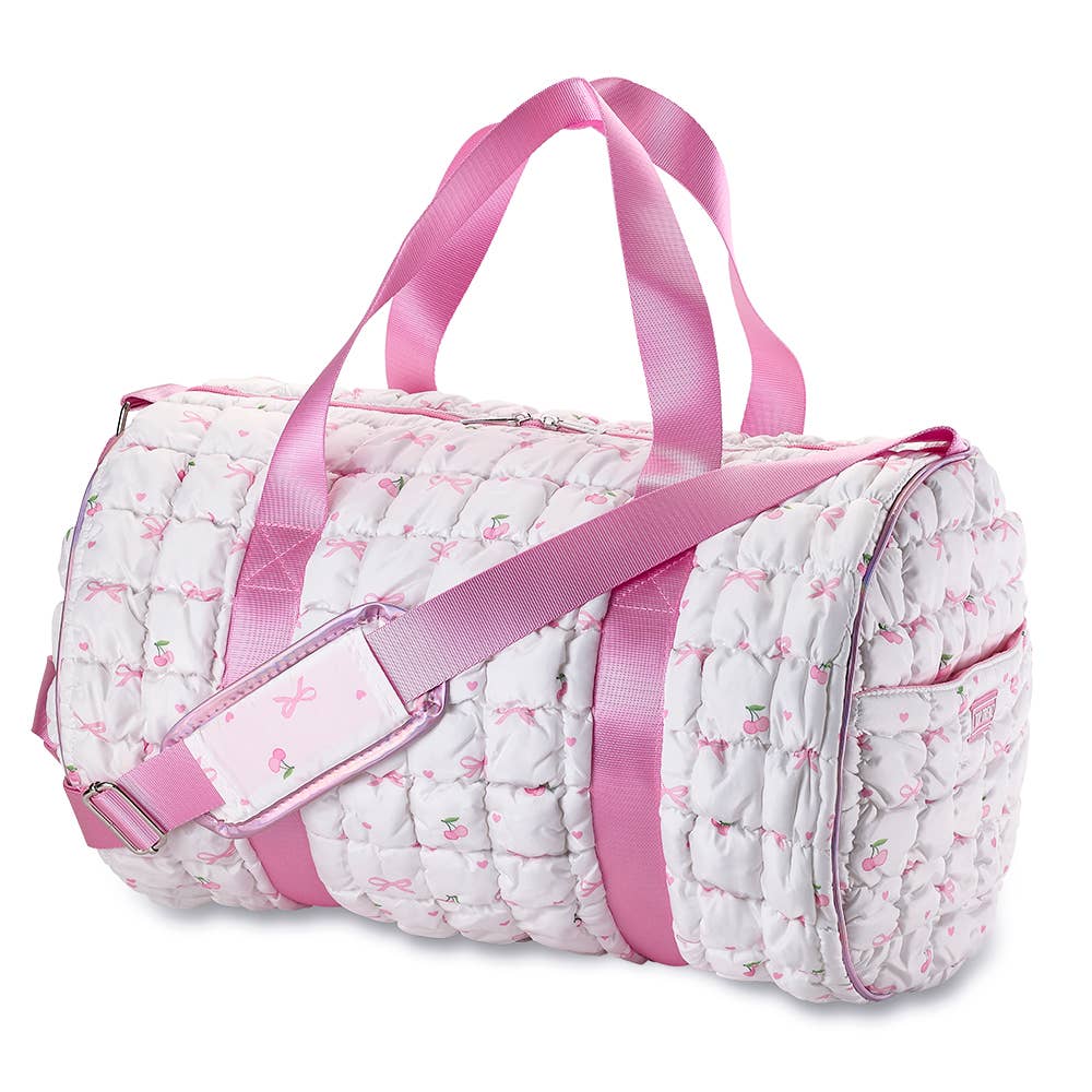 White Scrunchie Puffer Duffle with Bow Pattern