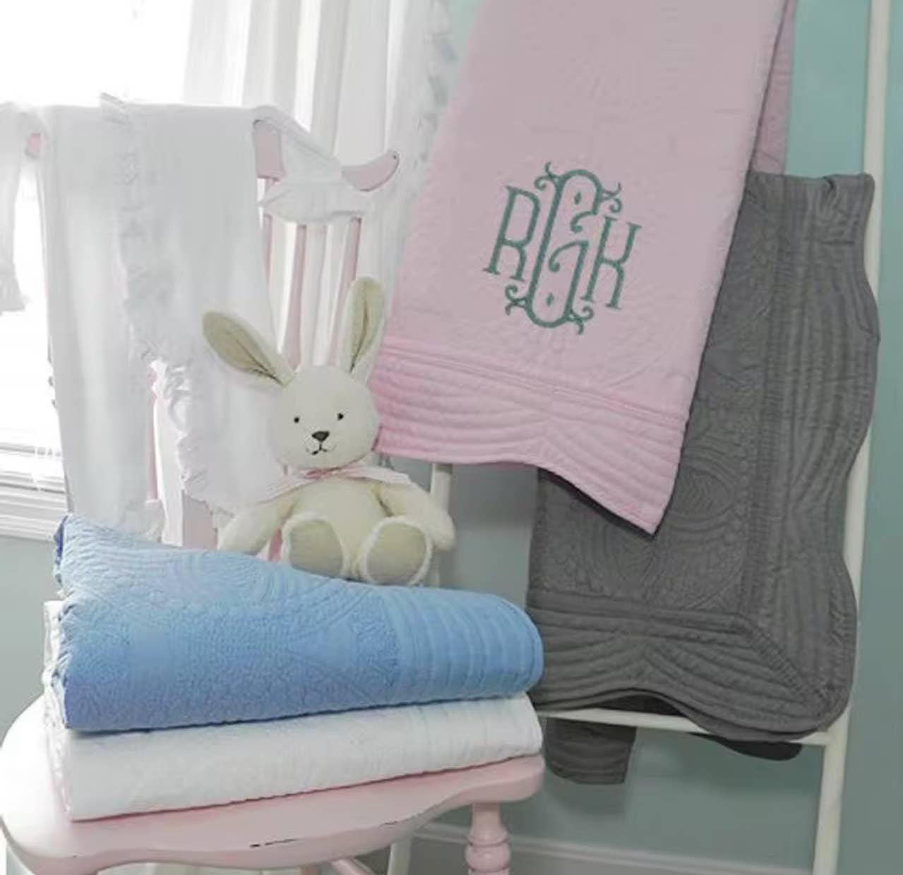 Heirloom Quilt - Baby Quilt Blanket Monogram: White & Pink