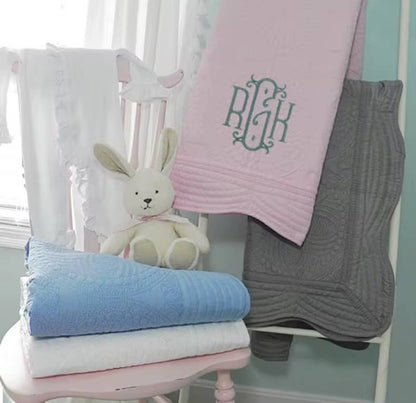Heirloom Quilt - Baby Quilt Blanket Monogram: White & Pink