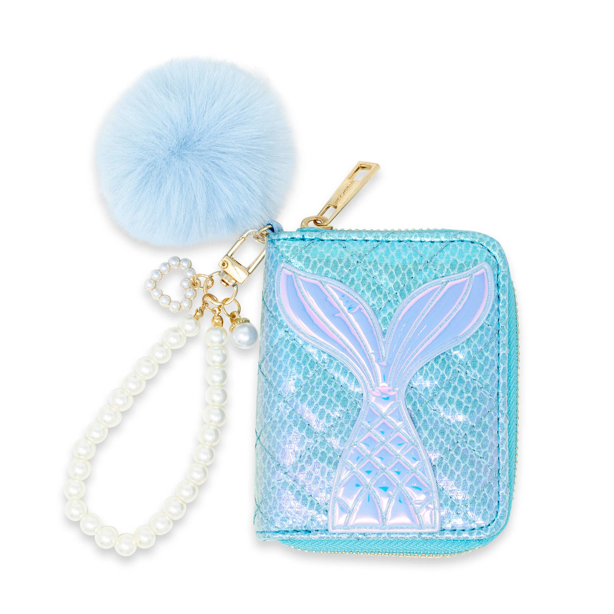 Mermaid Tail Pearl Strap Quilted Wallet with Pom-Pom: Blue