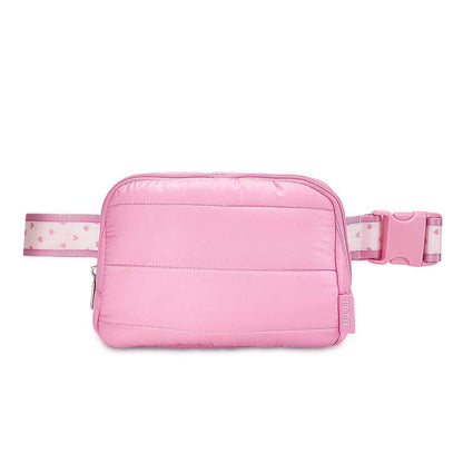 Pink Puffer Belt Bag with Heart Stripe Strap