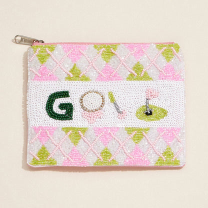Beaded Argyle Golf Zip Pouch | Refined Sport-Inspired Clutch: Pink / One / B4KP434