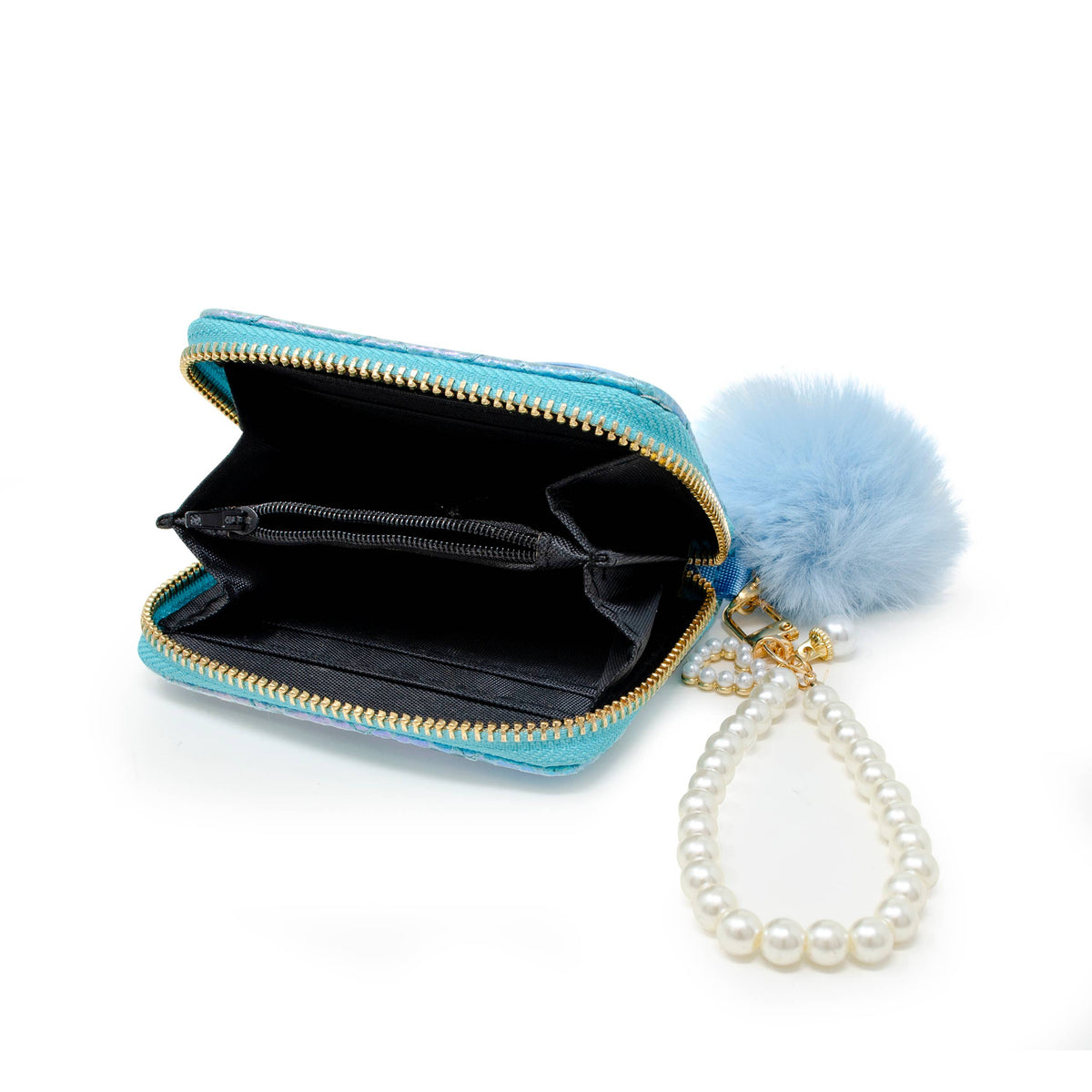 Mermaid Tail Pearl Strap Quilted Wallet with Pom-Pom: Blue