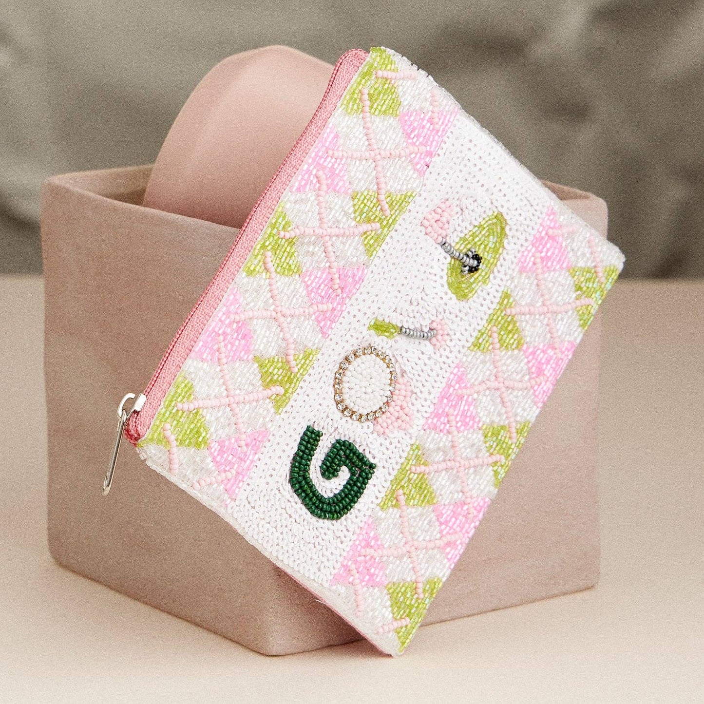 Beaded Argyle Golf Zip Pouch | Refined Sport-Inspired Clutch: Pink / One / B4KP434
