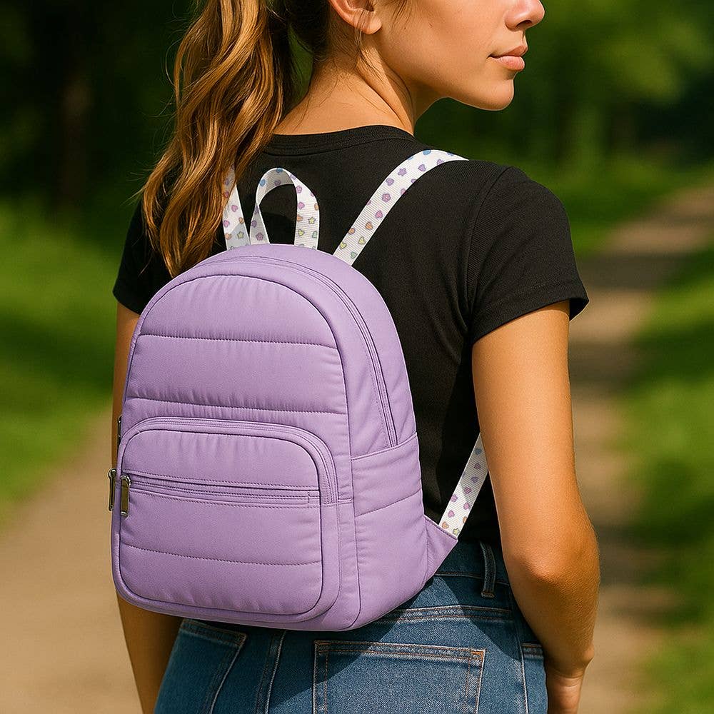 Purple Puffer Mini backpack with rainbow remix