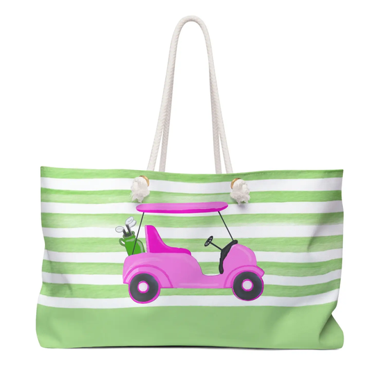 Weekender Tote Bag - Green Stripes W Pink Golf Cart