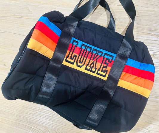 Black Puffer Duffle Bag Retro Stripe