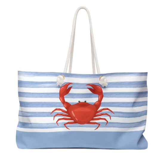 Weekender Tote Bag - Blue Stripes with Crab