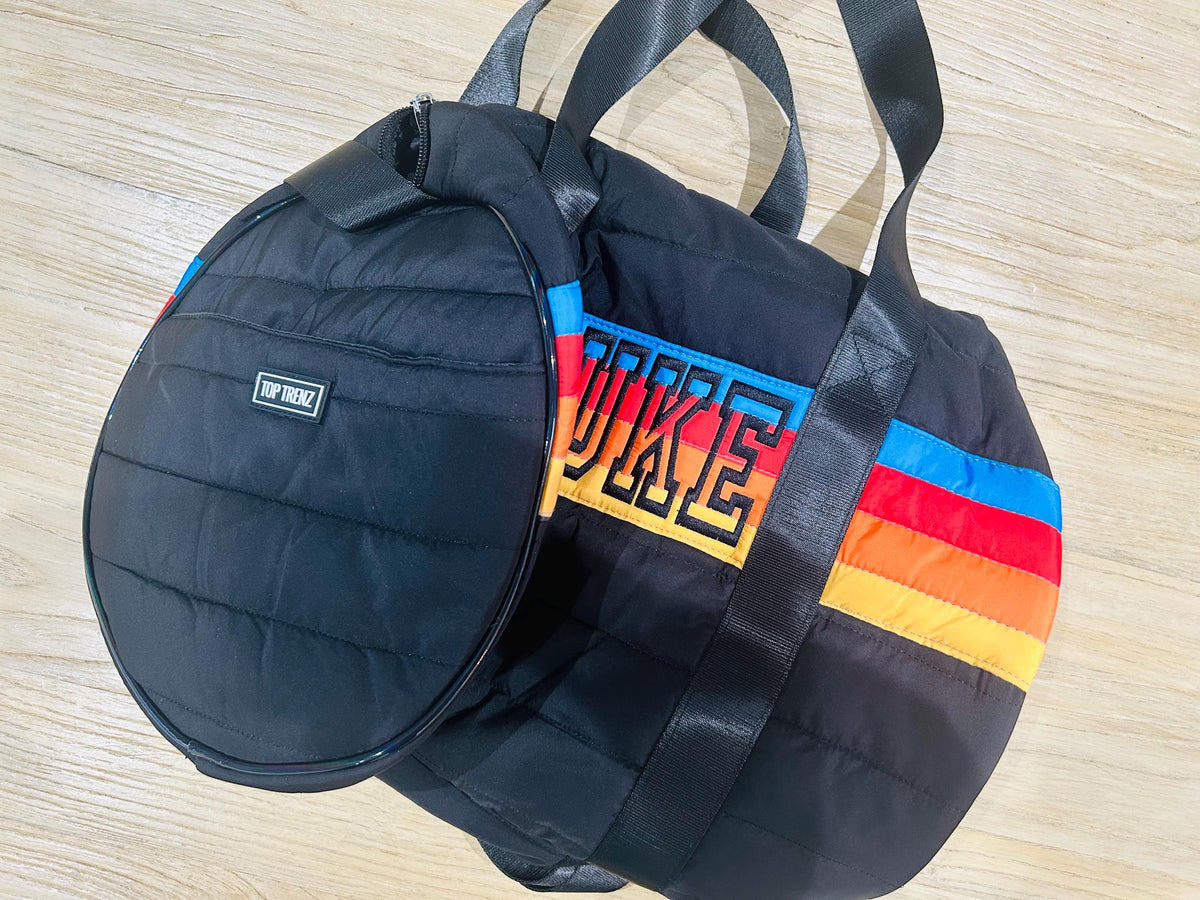 Black Puffer Duffle Bag Retro Stripe