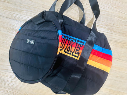 Black Puffer Duffle Bag Retro Stripe