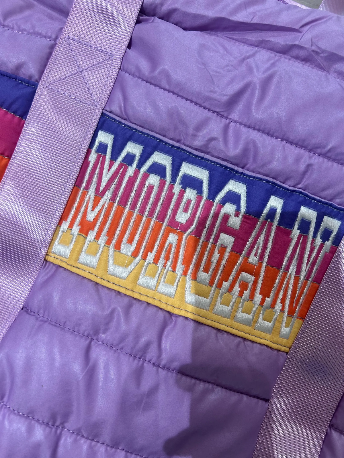 Purple Puffer Duffle Bag Retro Stripe