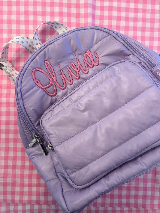 Purple Puffer Mini backpack with rainbow remix